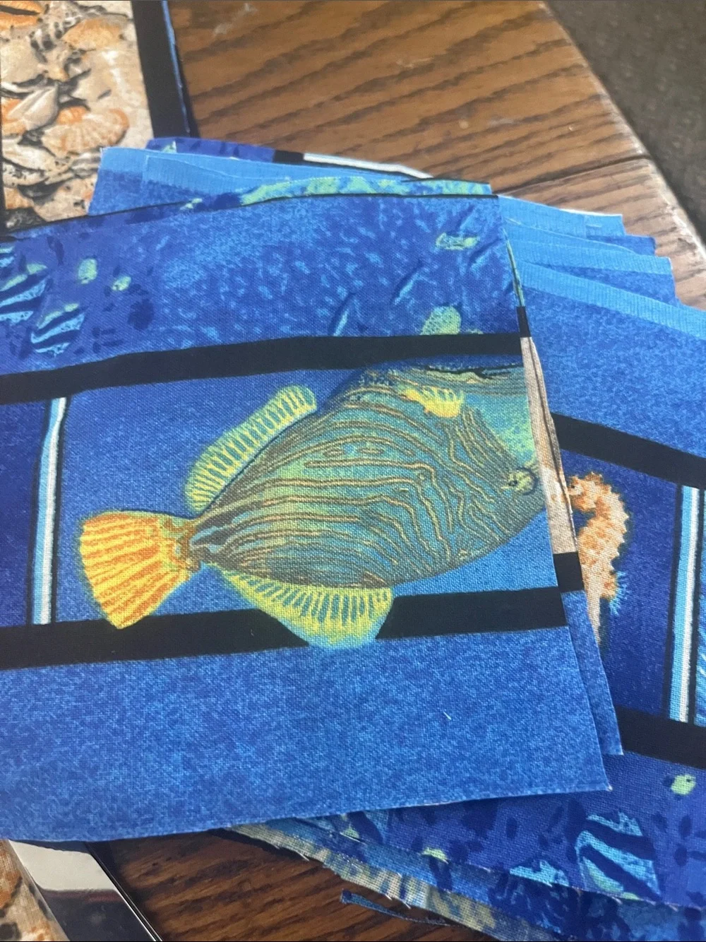 Cotton fabric panels Underwater Fish Print - Blue & Yellow